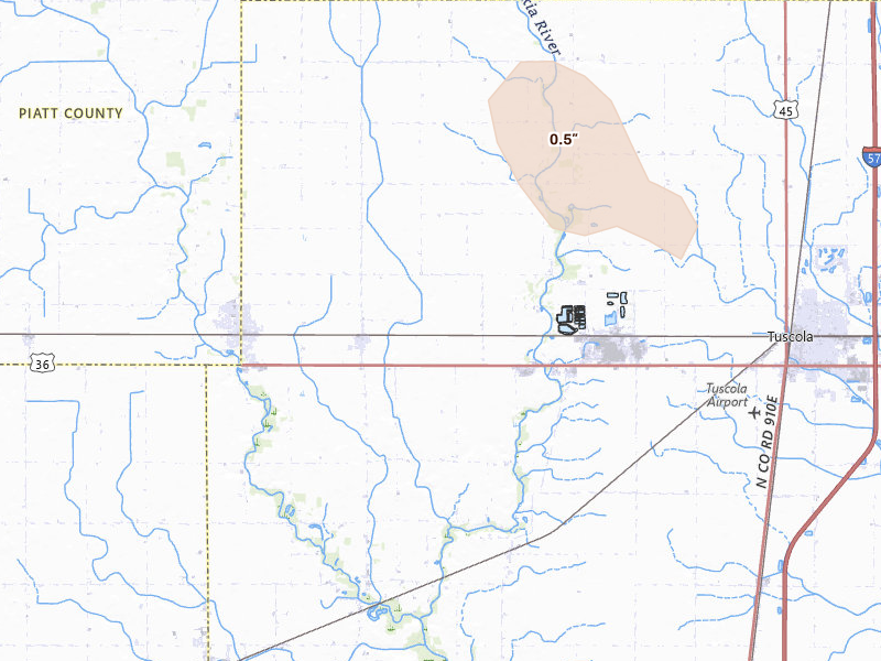 Radar-estimated hail-size map of the storm over Tuscola, IL on Jul 26, 2026