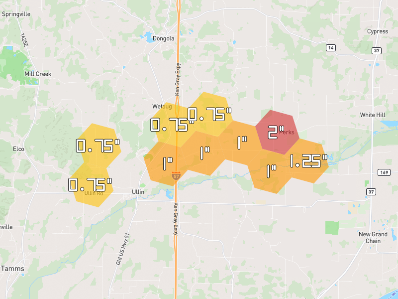 Hail map of Ullin, IL on Jun 1, 2026, hail up to 2"