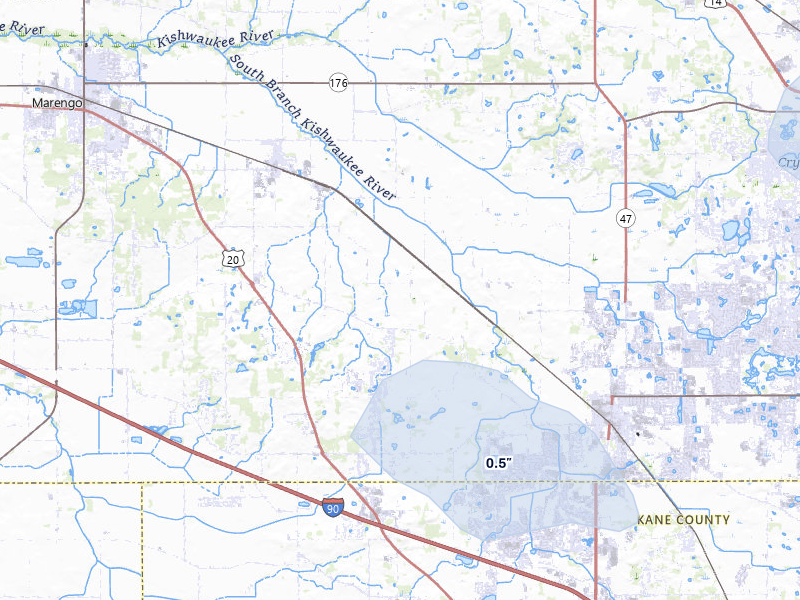 NEXRAD radar-signature map of the hail storm over Union, IL on May 15, 2026