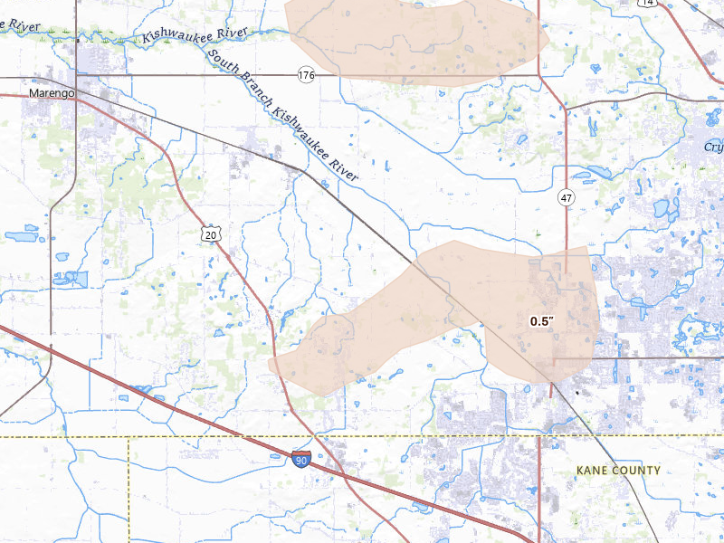 Radar-estimated hail-size map of the storm over Union, IL on Aug 9, 2026