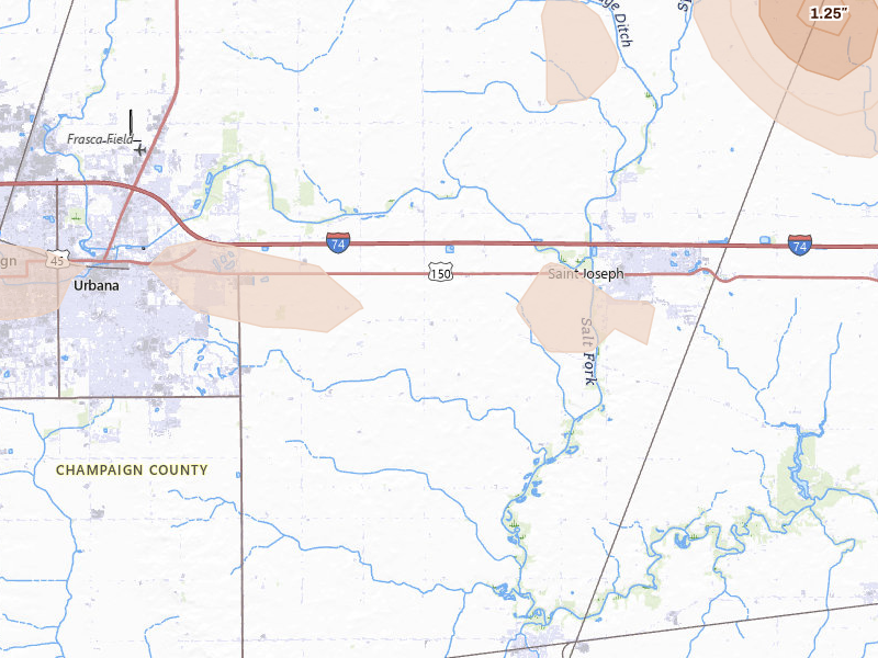 Radar-estimated hail-size map of the storm over Urbana, IL on Mar 26, 2026
