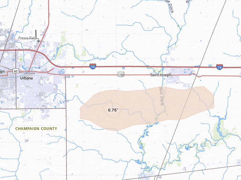 Radar-estimated hail-size map of the storm over Urbana, IL on Jun 16, 2026