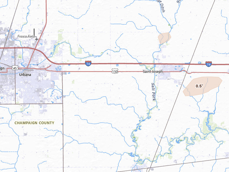 Radar-estimated hail-size map of the storm over Urbana, IL on Jul 4, 2026