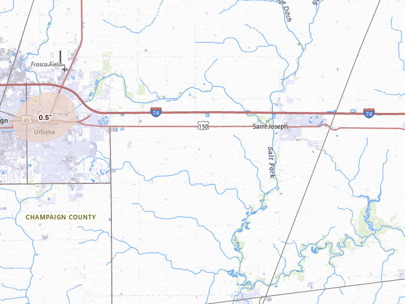 Radar-estimated hail-size map of the storm over Urbana, IL on Jul 10, 2026