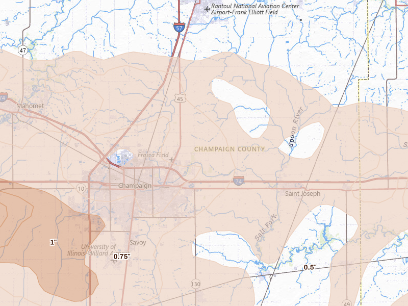 Radar-estimated hail-size map of the storm over Urbana, IL on Aug 11, 2026