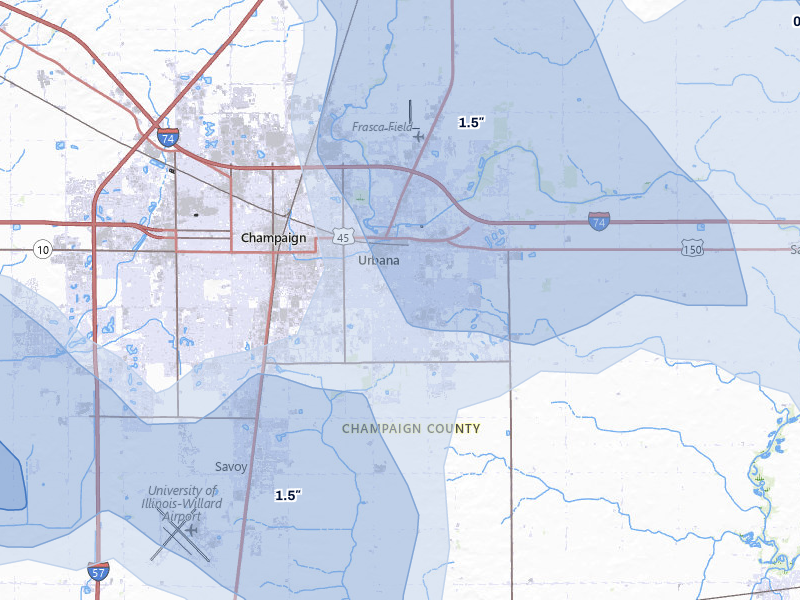 NEXRAD radar-signature map of the hail storm over Urbana, IL on Aug 11, 2026