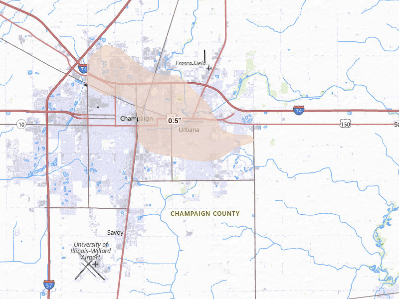 Radar-estimated hail-size map of the storm over Urbana, IL on Aug 13, 2026