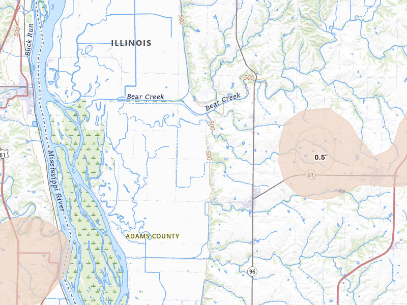 Radar-estimated hail-size map of the storm over Ursa, IL on May 16, 2026