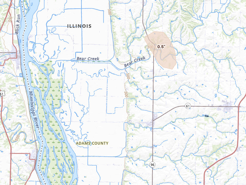 Radar-estimated hail-size map of the storm over Ursa, IL on Jul 18, 2026