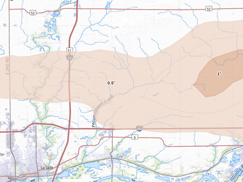 Radar-estimated hail-size map of the storm over Utica, IL on May 4, 2026