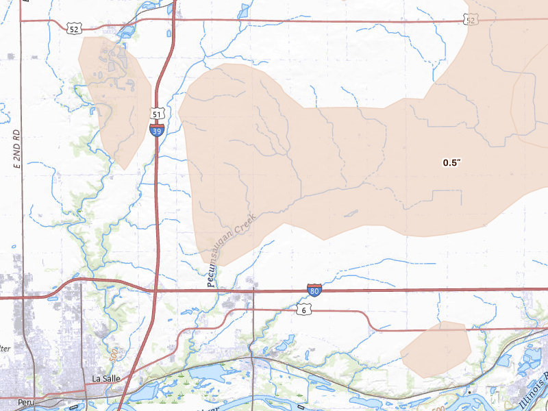 Radar-estimated hail-size map of the storm over Utica, IL on Aug 11, 2026