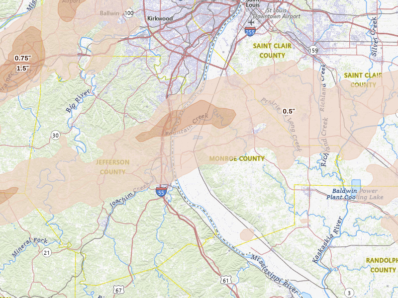 Radar-estimated hail-size map of the storm over Valmeyer, IL on Apr 27, 2026