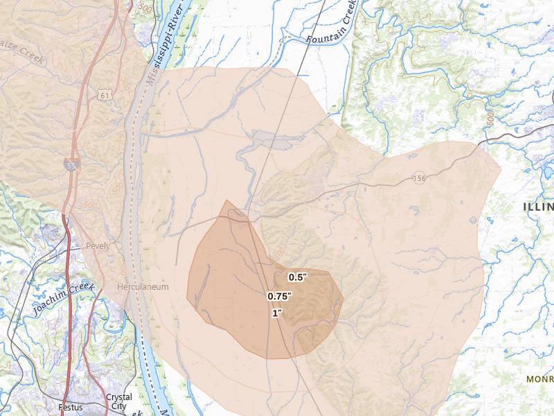 Radar-estimated hail-size map of the storm over Valmeyer, IL on Aug 16, 2026