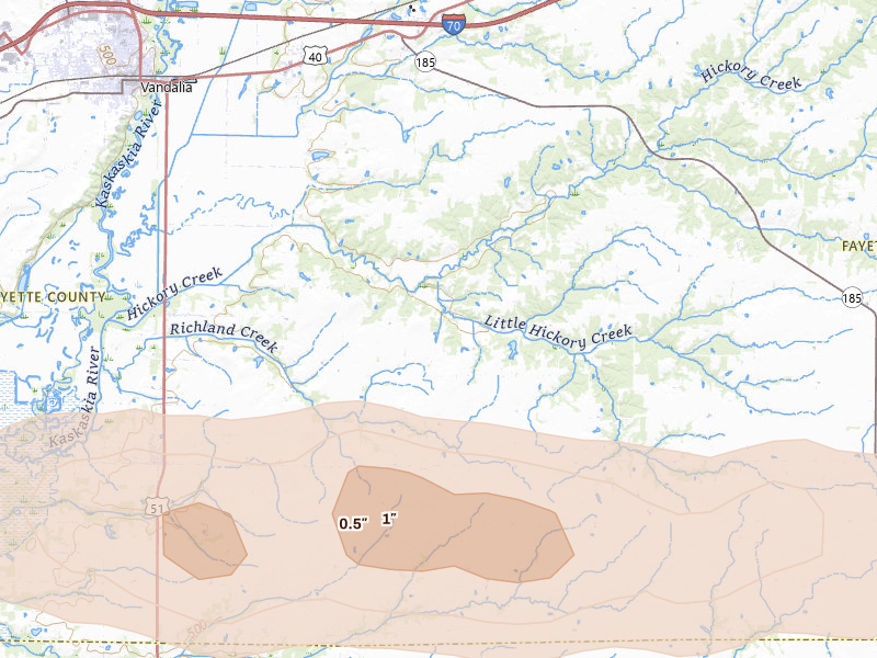 Radar-estimated hail-size map of the storm over Vandalia, IL on May 4, 2026