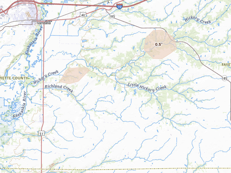 Radar-estimated hail-size map of the storm over Vandalia, IL on Aug 13, 2026