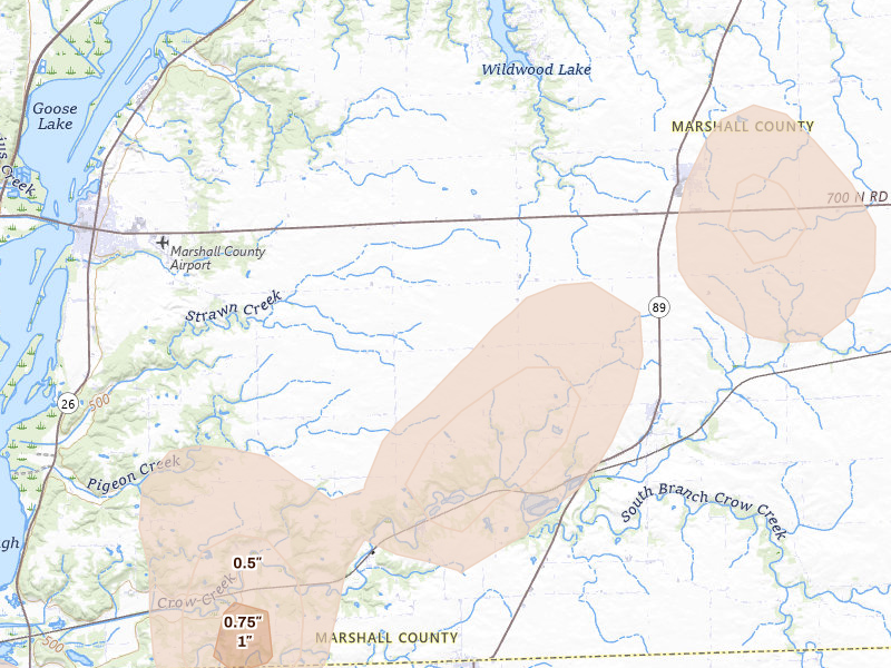 Radar-estimated hail-size map of the storm over Varna, IL on Apr 2, 2026