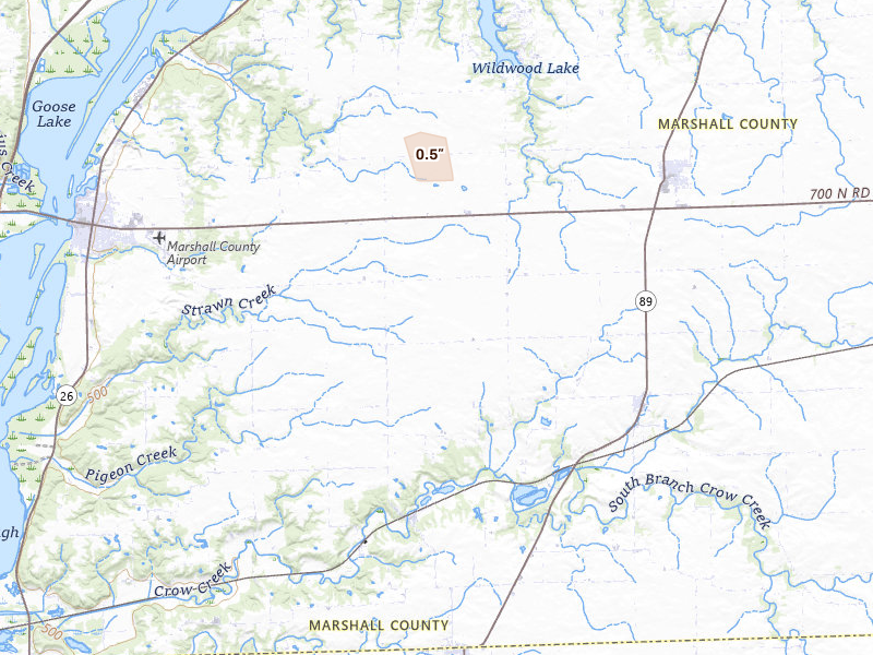 Radar-estimated hail-size map of the storm over Varna, IL on Jun 10, 2026