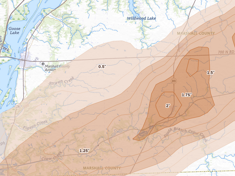Radar-estimated hail-size map of the storm over Varna, IL on Jun 11, 2026