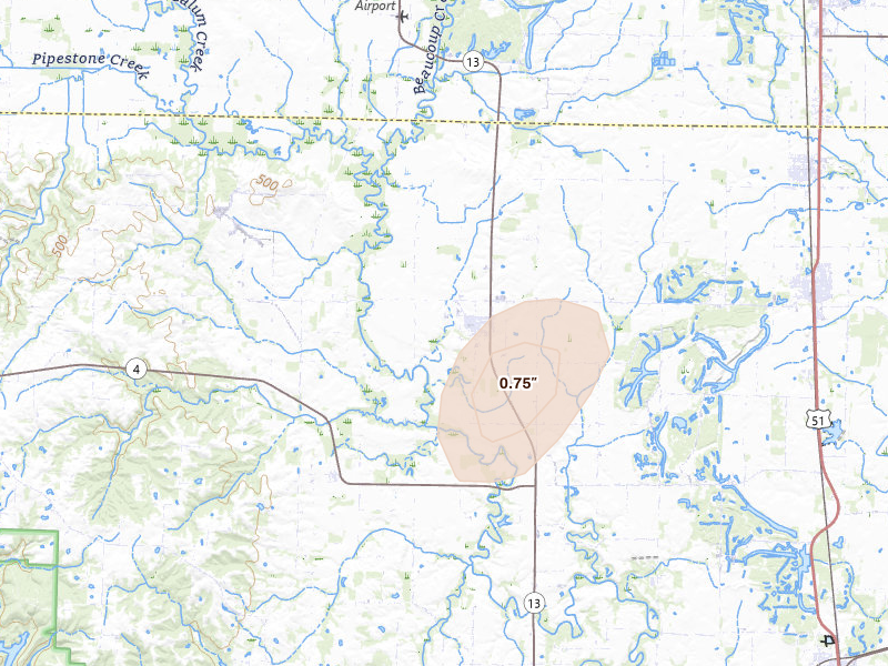 Radar-estimated hail-size map of the storm over Vergennes, IL on Jul 4, 2026