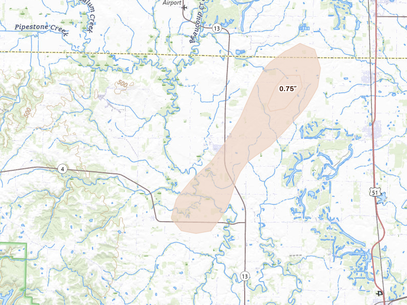 Radar-estimated hail-size map of the storm over Vergennes, IL on Jul 7, 2026