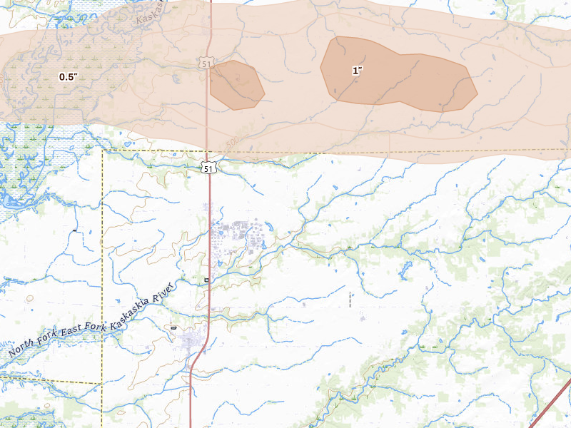 Radar-estimated hail-size map of the storm over Vernon, IL on May 4, 2026