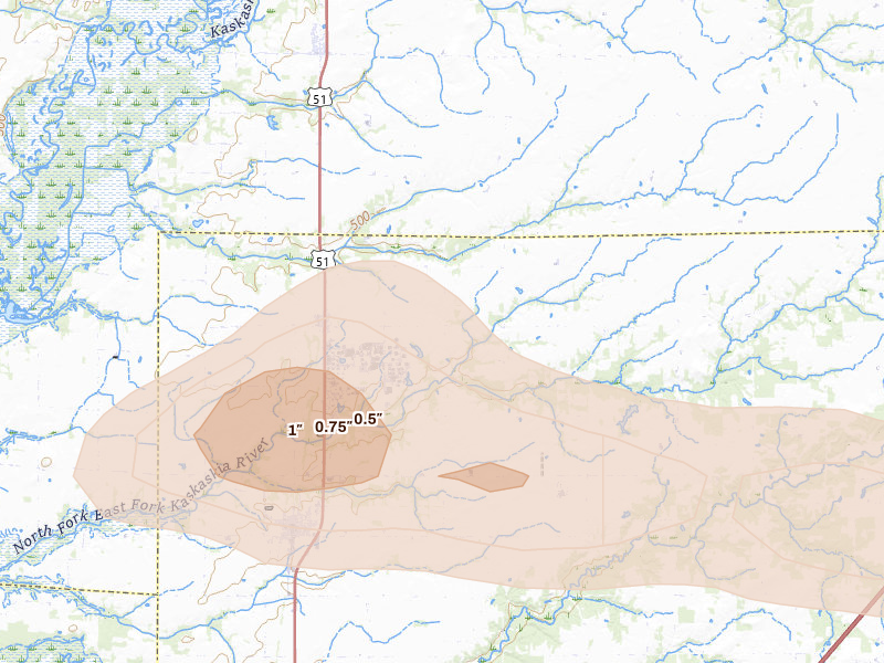 Radar-estimated hail-size map of the storm over Vernon, IL on May 16, 2026