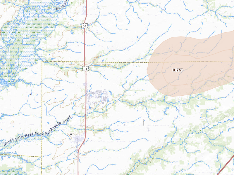 Radar-estimated hail-size map of the storm over Vernon, IL on Jul 3, 2026