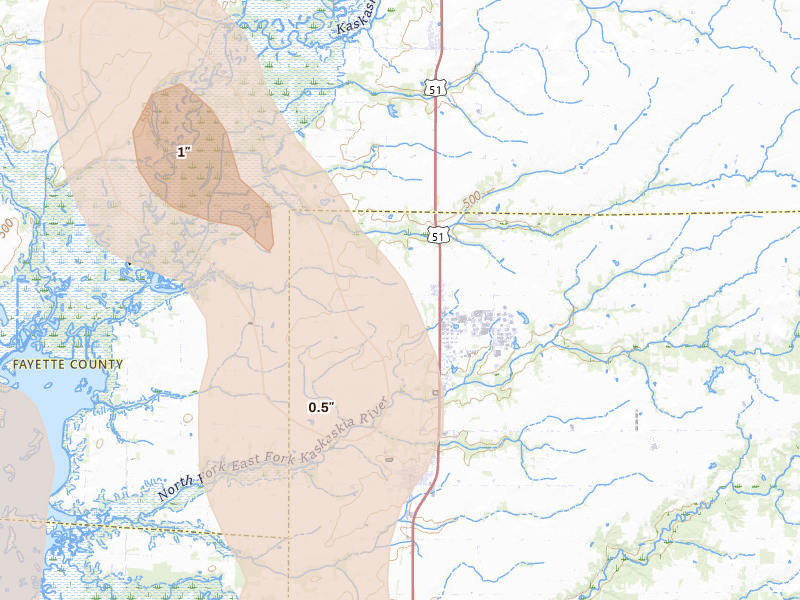 Radar-estimated hail-size map of the storm over Vernon, IL on Aug 21, 2026