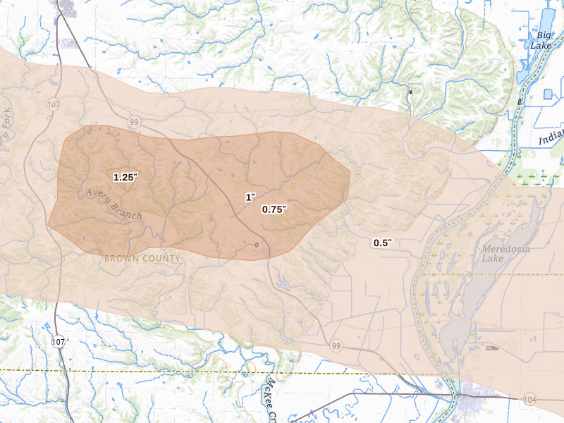 Radar-estimated hail-size map of the storm over Versailles, IL on May 4, 2026