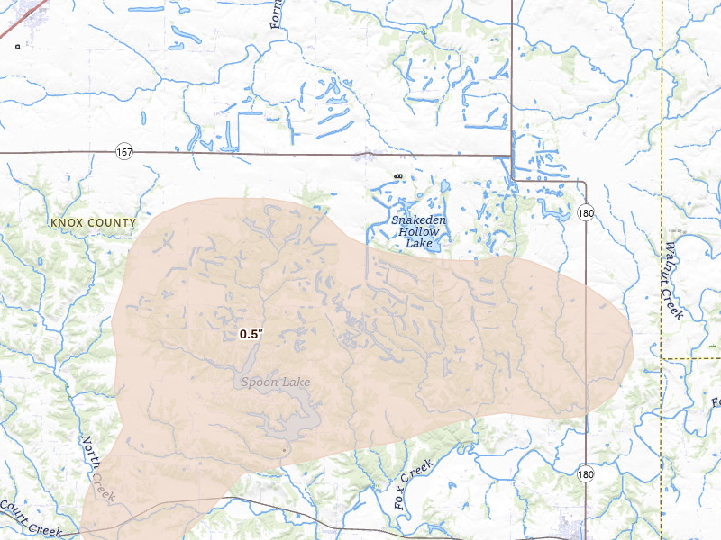 Radar-estimated hail-size map of the storm over Victoria, IL on Aug 13, 2026