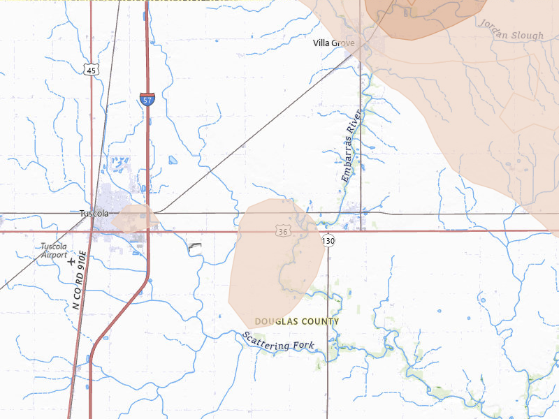 Radar-estimated hail-size map of the storm over Villa Grove, IL on Aug 11, 2026
