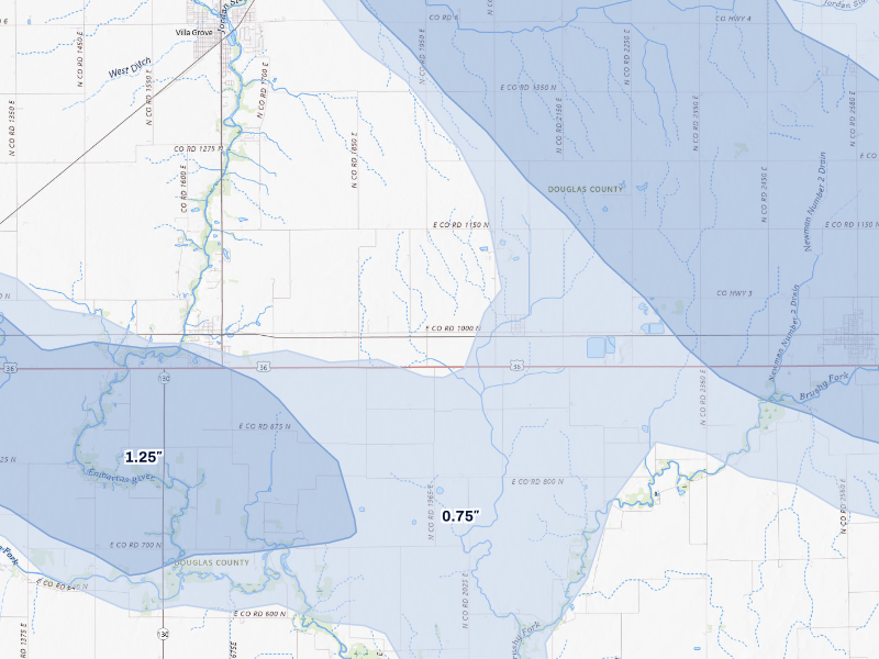 NEXRAD radar-signature map of the hail storm over Villa Grove, IL on Aug 11, 2026