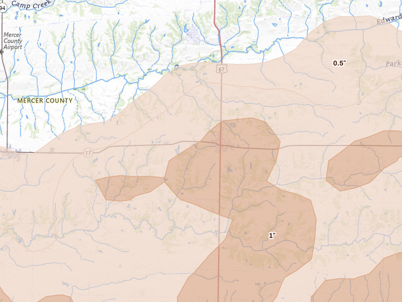 Radar-estimated hail-size map of the storm over Viola, IL on Mar 10, 2026
