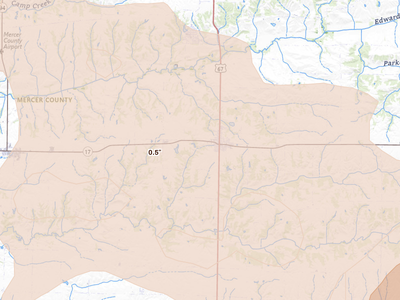 Radar-estimated hail-size map of the storm over Viola, IL on Aug 12, 2026