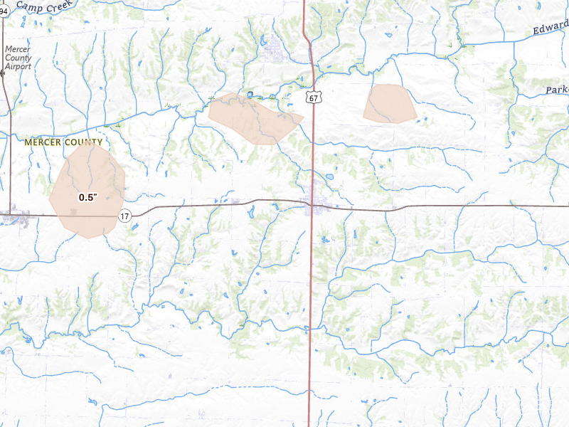 Radar-estimated hail-size map of the storm over Viola, IL on Aug 13, 2026