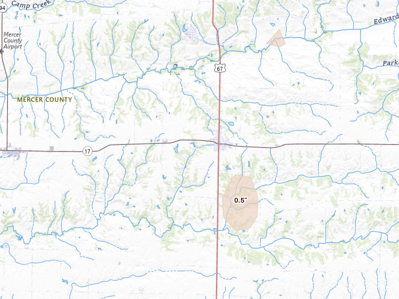 Radar-estimated hail-size map of the storm over Viola, IL on Aug 19, 2026