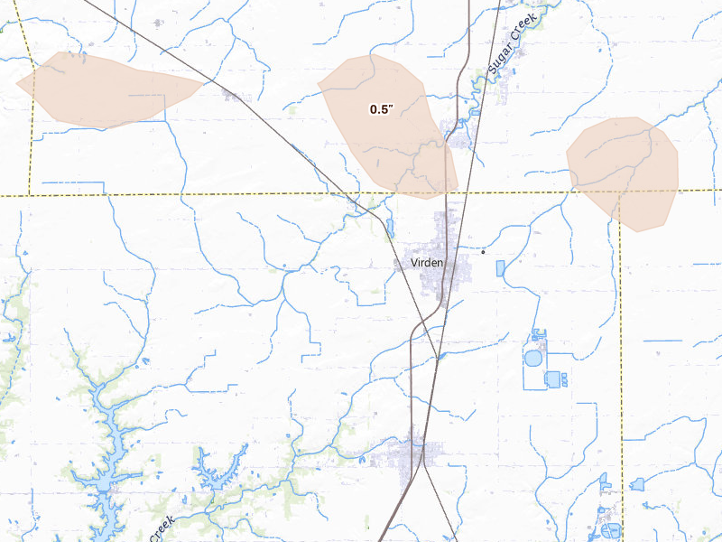 Radar-estimated hail-size map of the storm over Virden, IL on Mar 26, 2026