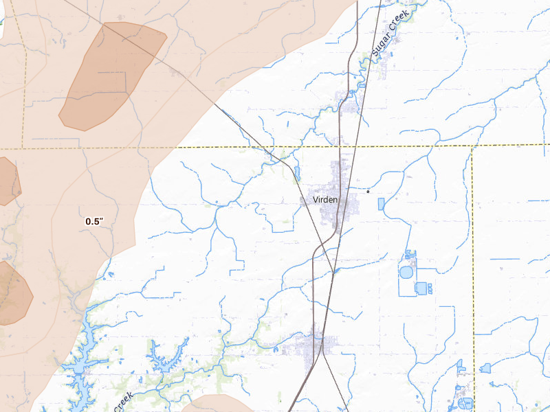 Radar-estimated hail-size map of the storm over Virden, IL on Apr 27, 2026