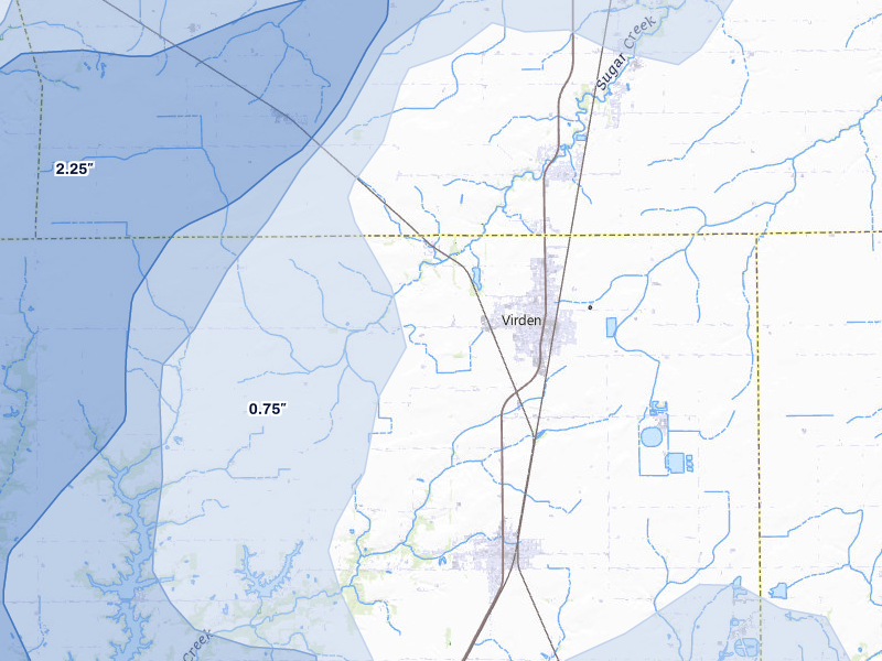 NEXRAD radar-signature map of the hail over Virden, IL