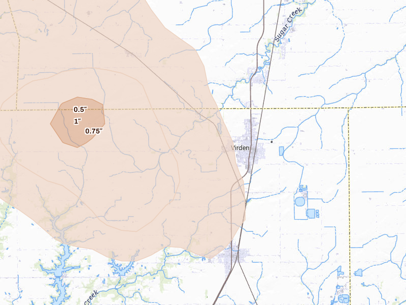 Radar-estimated hail-size map of the storm over Virden, IL on May 4, 2026