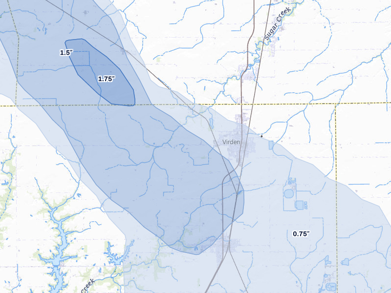 NEXRAD radar-signature map of the hail storm over Virden, IL on May 4, 2026