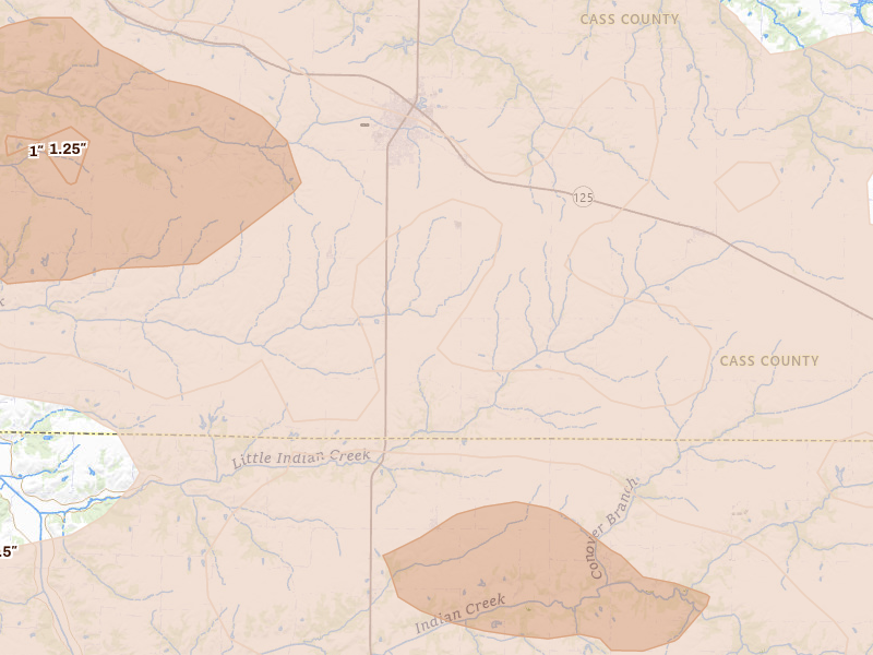 Radar-estimated hail-size map of the storm over Virginia, IL on May 4, 2026