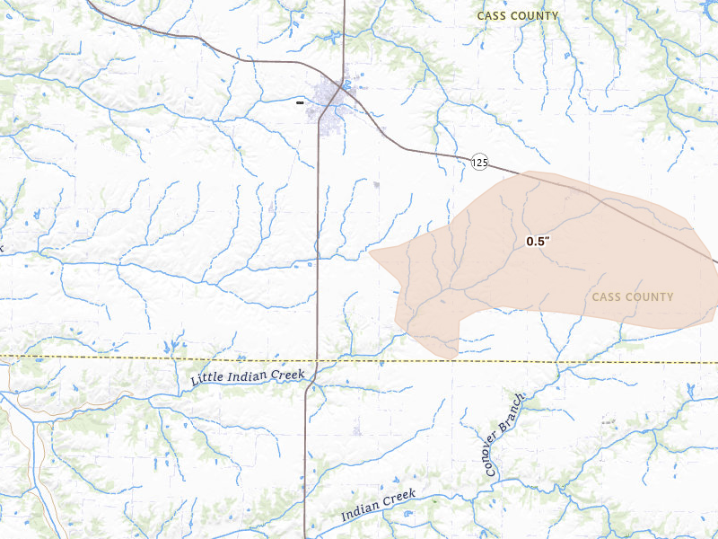 Radar-estimated hail-size map of the storm over Virginia, IL on May 16, 2026