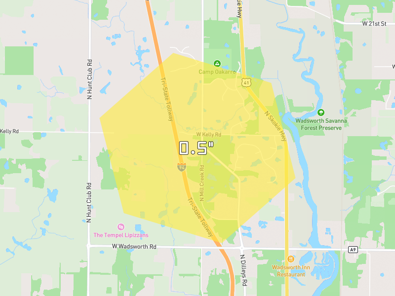 Hail map of Wadsworth, IL on Jul 3, 2026, hail up to 0.5"