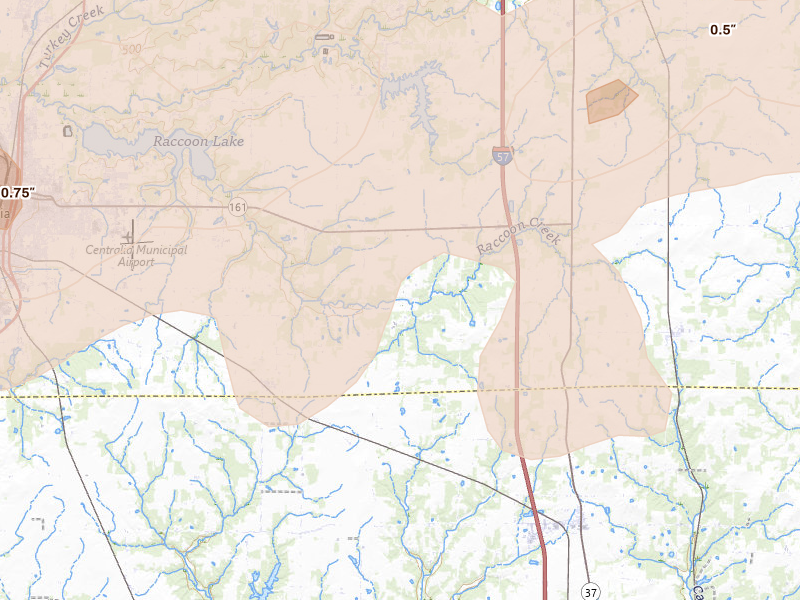 Radar-estimated hail-size map of the storm over Walnut Hill, IL on Apr 27, 2026