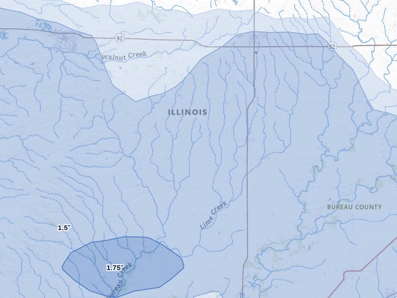 NEXRAD radar-signature map of the hail storm over Walnut, IL on Jul 3, 2026