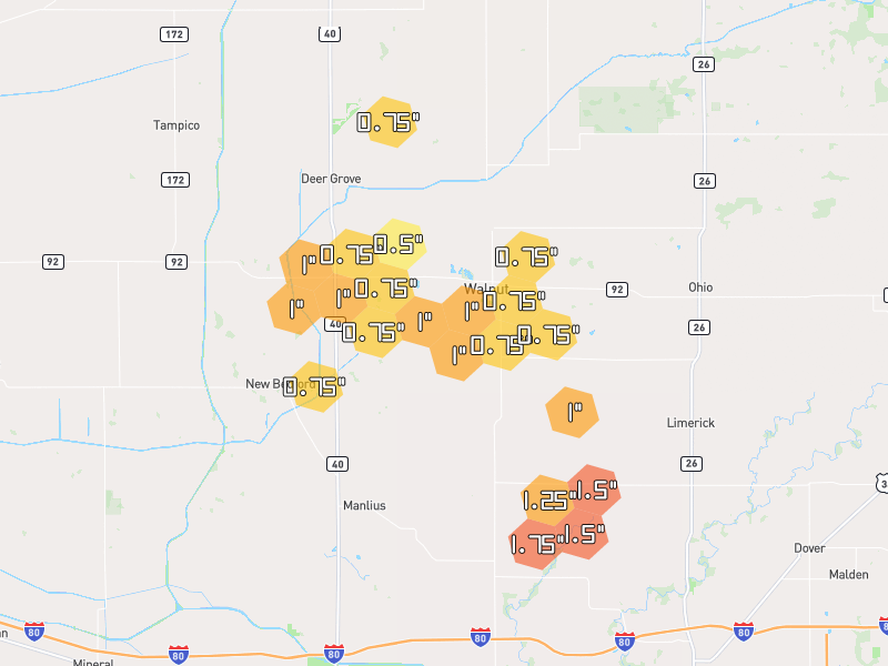 Hail map of Walnut, IL on Jul 3, 2026, hail up to 1.75"