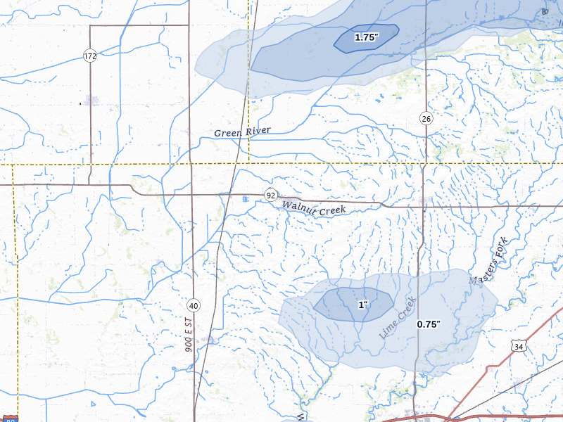 NEXRAD radar-signature map of the hail storm over Walnut, IL on Aug 9, 2026