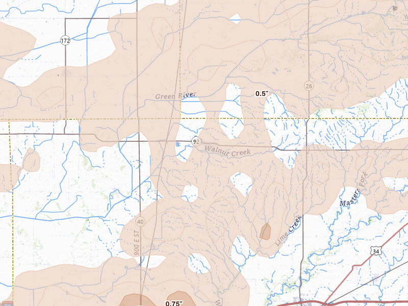 Radar-estimated hail-size map of the storm over Walnut, IL on Aug 11, 2026
