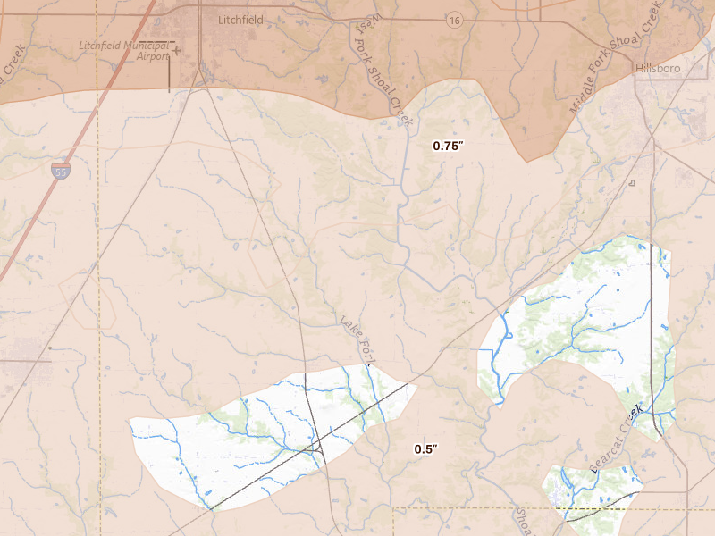 Radar-estimated hail-size map of the storm over Walshville, IL on Apr 27, 2026